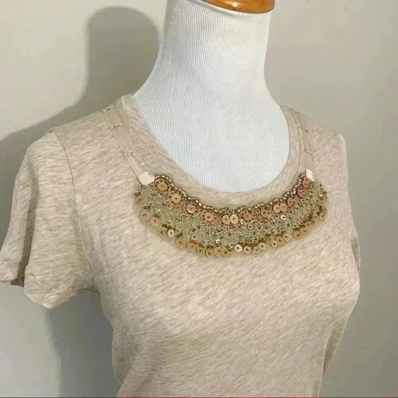 NWT J Crew light weight tan tee with bead and ribbon detail - Picture 2 of 8